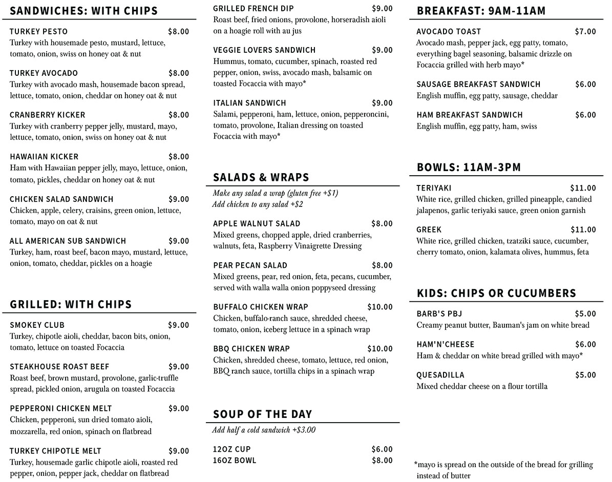 Bauman Deli & Coffee Shop Menu