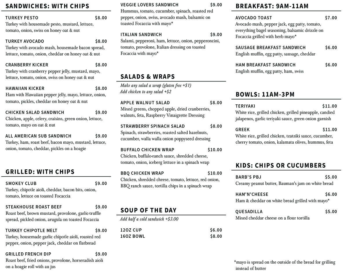 Bauman Deli & Coffee Shop Menu